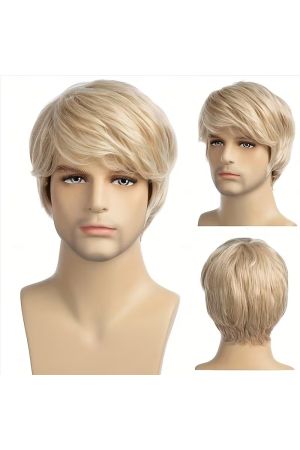 Custom Men’s Short Blonde Wig – Side Swept Straight Layers, Natural Look