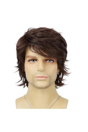 Custom Men Wavy Shag Wig 10 inch Long Dark Brown Tousled Layers with Flipped Ends, Men Short Hair Reverse Curl Natural Curly Dark Brown Fashion Styling Manufacturer Ready-Made Wigs