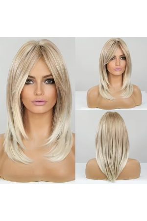 Customizable Shoulder-Length Layered Wig with Wispy Bangs, Blonde Straight Hair