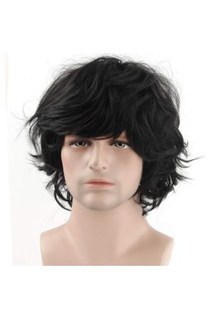 Custom Men’s Messy Wavy Wig, Jet Black Tousled Layers & Fringe