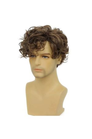 Wigs for Men Brown Short Curly Hair Curly Bangs Short Curly Men Hair Natural Curly Fluffy Wig Full Headgear