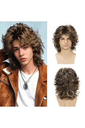 Men Wavy Shag Wig Medium-Long Brown Highlights, Fluffy Layered Volume