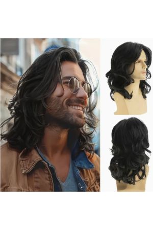 Custom Men’s Long Wavy Black Wig, Natural Layered Volume, Messy Beach Waves Rock Style